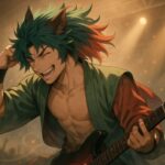 ステージでヘドバンする青年獣人サクロウ。緑青と焔赤の髪が躍動するライブシーン