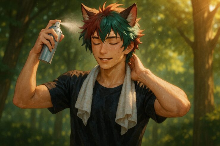 Sweaty but refreshed young man using scalp mist outdoors on a summer day（汗ばみつつ頭皮ミストで整える夏の兄貴）