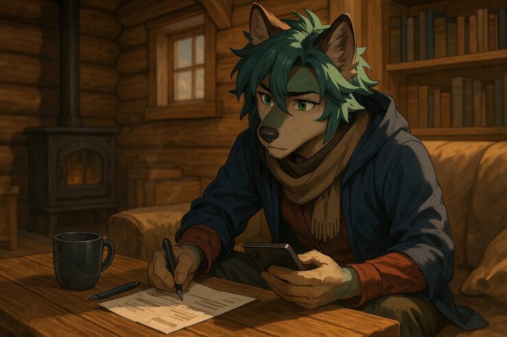 A thoughtful wolf beastman in a cozy log cabin, looking over smartphone bills at a wooden table, surrounded by warm light and quiet tension.