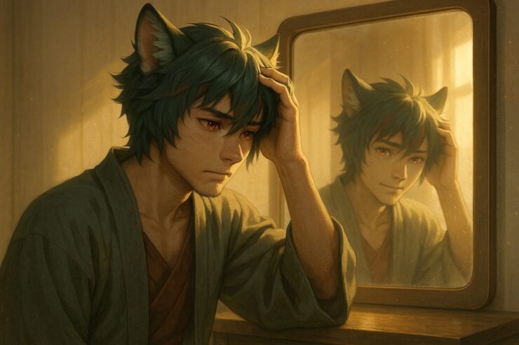 鏡の前で髪を触れながら、自分の姿に向き合う青年・サクロウの朝のワンシーン。｜A young man with wolf ears (Sakurou) reflects on himself while touching his hair in front of a mirror, bathed in warm morning light.