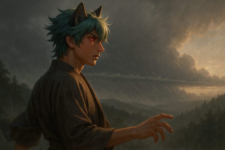 線状降水帯を前に自然の気配を感じ取るサクロウ｜Sakurou senses the oncoming linear rain band in the misty forest with silent intensity