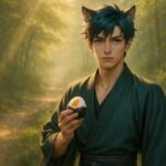 朝の山道に立ち、ゆで卵入りのおにぎりを手にまっすぐ見つめる青年・サクロウ。風に布が靡き、朝日が頬と腰を照らす静かな決意の瞬間。 A young man with green wolf ears and red-streaked hair stands in the morning forest light, holding a rice ball. His robe flutters gently as golden light highlights his face and waist.