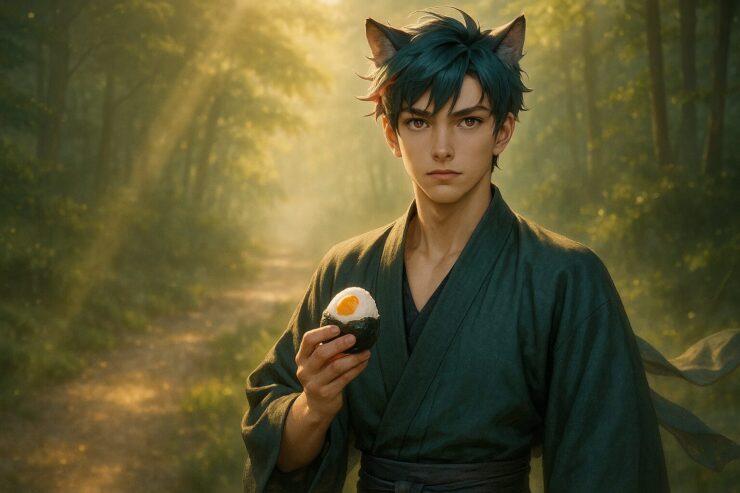 朝の山道に立ち、ゆで卵入りのおにぎりを手にまっすぐ見つめる青年・サクロウ。風に布が靡き、朝日が頬と腰を照らす静かな決意の瞬間。 A young man with green wolf ears and red-streaked hair stands in the morning forest light, holding a rice ball. His robe flutters gently as golden light highlights his face and waist.
