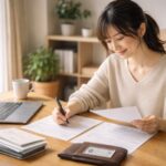 新居で住所変更の書類を整理する女性と、住民票・運転免許証・銀行カードを優先順位ごとに並べたシーン A young woman in her new apartment calmly sorting address change paperwork, with her resident record, drivers license and bank card laid out in priority order on the table