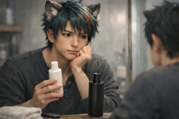 洗面台の前で白いボトルを手にしたサクロウが、鏡越しに静かに考え込んでいる横長ポートレート。緑青の短髪に赤い差し色、赤い瞳、丸い狼耳がやわらかな朝の光に浮かび、黒いボトルが洗面台に置かれている。 A horizontal portrait of Sakurou standing at a bathroom sink, holding a white bottle while quietly thinking in front of the mirror. His green-aqua short hair with red streaks, fiery red eyes, and soft wolf ears rest in gentle morning light, with a black bottle placed on the counter.